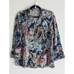 Tianello Suzy Blouse Women's Small Multicolor Paisley Tencel Rayon Button Up Top